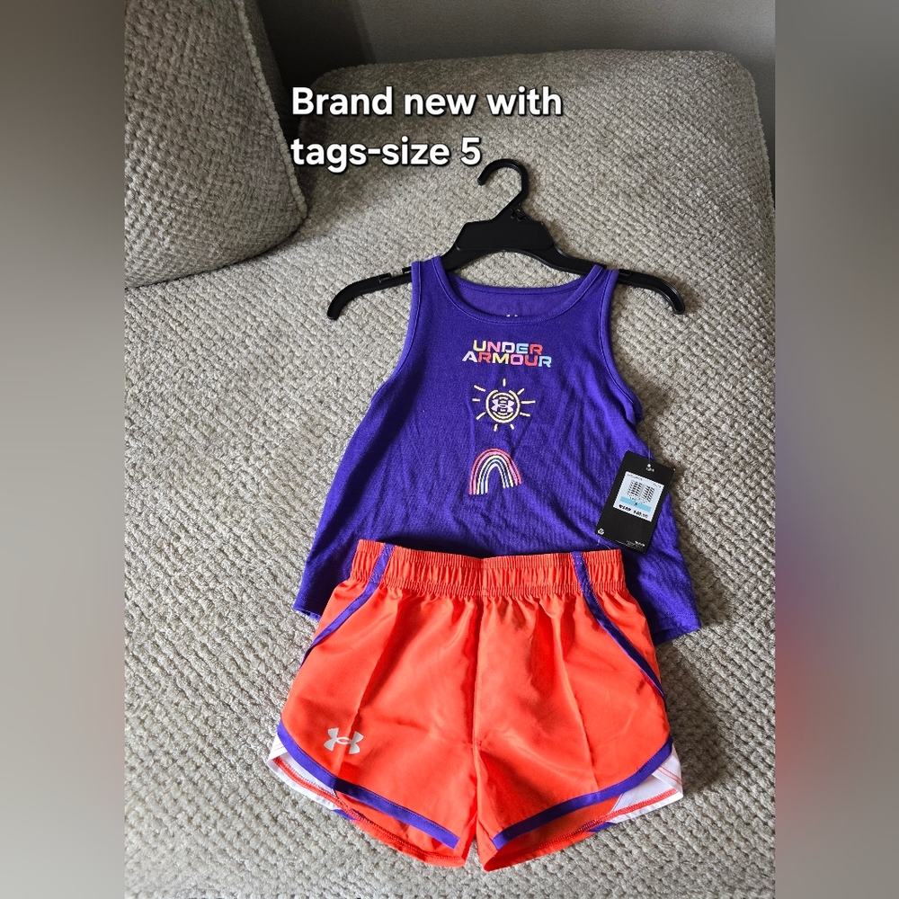 Under Armour Purple Graphic Tank with Neon Orange Athletic Shorts